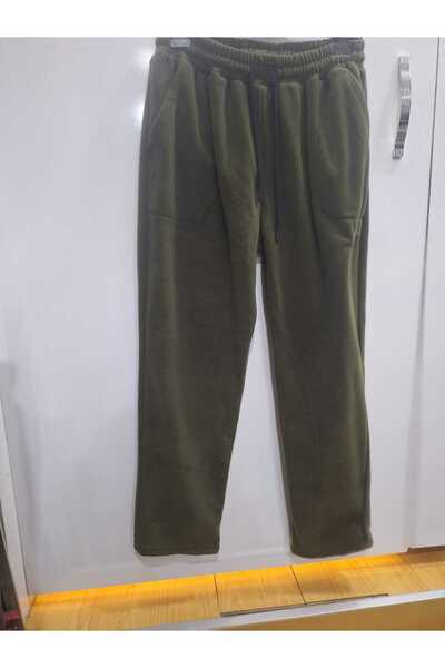 NUR TEKSTİL erkek haki 280 gramajlı tıraşlanmış polar kalın beli lastikli iki yanı cepli büyük beden alt eşofman