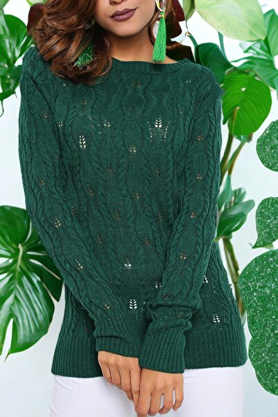 Juuuj Πράσινη στρογγυλή λαιμόκοψη, πλεκτό σχέδιο, πλεκτό πουλόβερ