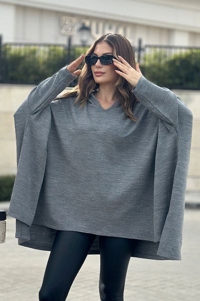 NEW LAVİVA Women's Gray Hooded, Asymmetric Cut, Acrylic Fabric, Loose-Oversize Poncho Sweater
