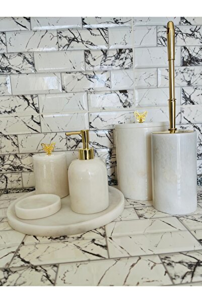 SAMTAŞ Λευκό μαρμάρινο σετ μπάνιου 7 τεμαχίων με χρυσά αξεσουάρ πεταλούδας