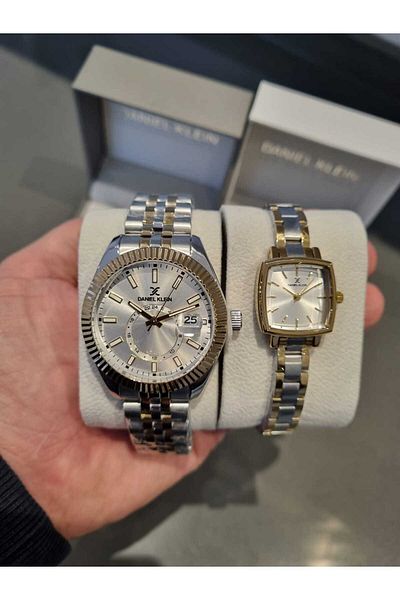 Daniel Klein Metalic Grey-Gold Couple Lover Watch and Bracelet with Gift