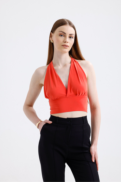 Elia Moda Women's Orange Halter Neck Backless Sandy Crop Blouse