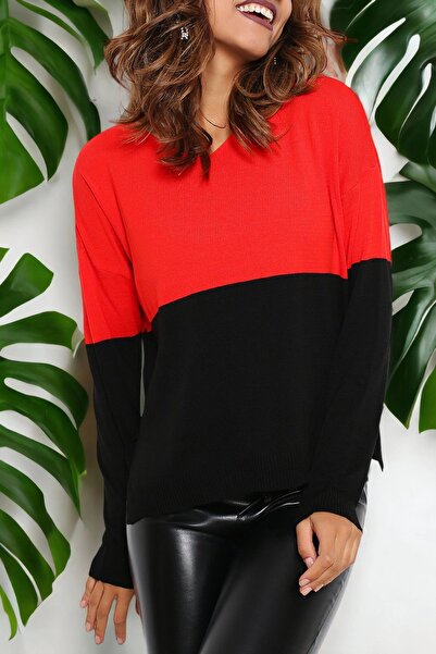 Juuuj Women's Red & Black Round Neck Two Color Knitwear Long Sleeve Straight ...