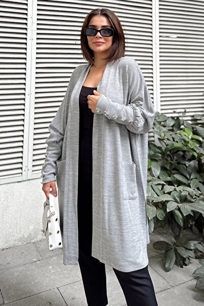 Juuuj Women's Gray Plain Shawl Collar, Long Sleeve, Button Detailed Slit Soft...