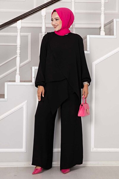 EBRUTESETTÜR طقم أيروبين تيسيتشر ذو تصميم غير متماثل من قطعتين باللون الأسود