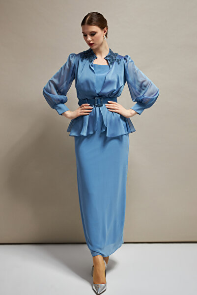 İnce Yakası Işleme Detaylı Tunikli Elbiseli Abiye Takım