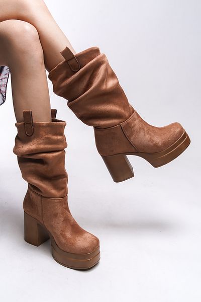 Riccon Tan Suede Γυναικείες ψηλοτάκουνες μπότες