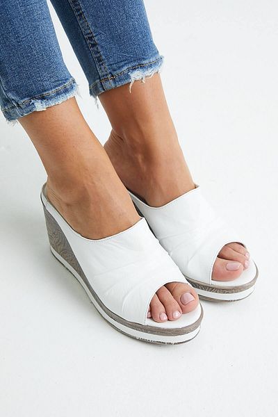 Venüs White Wedge Heel Leather Women's Slippers - 2015702 Y