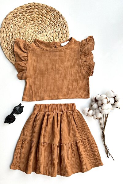 Parla Kids طقم بلوزة بناتي من الموسلين باللون البني