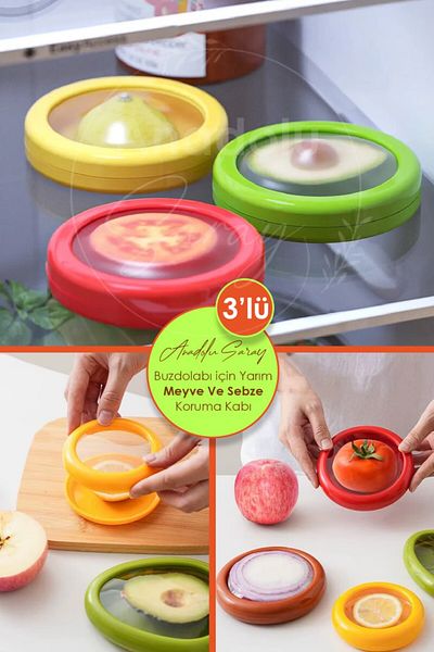 Anadolu Saray 3Pcs Fridge Half Fruit and Vegetable Preservation Container Lemon Onion Tomato Storage Box