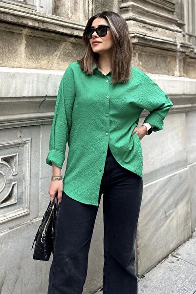 Juuuj Model de bază verde de damă, seersucker, cămașă casual