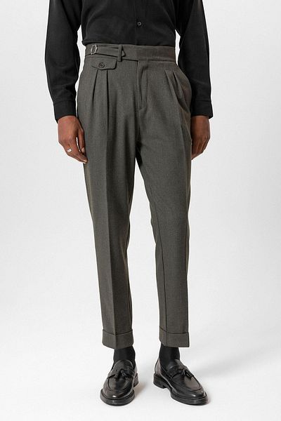 Antioch Khaki Buckle Detailed High Waist Men's Trousers