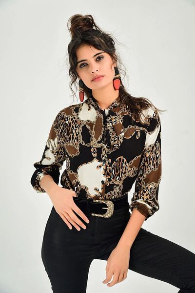 Juuuj Cămașă cu model pentru femei, cu guler special, cu mâneci lungi, cu croiala obișnuită