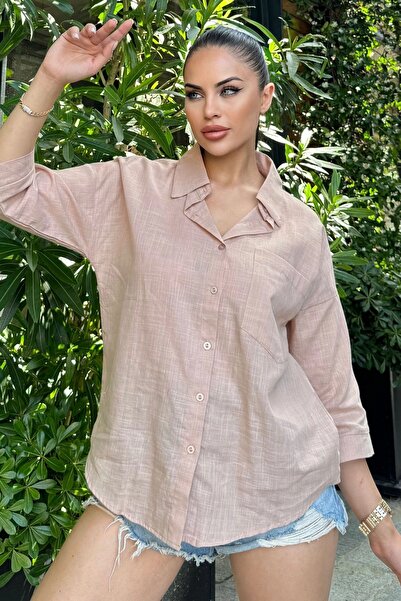 Juuuj Γυναικείο πουκάμισο από λινό φαρδύ ύφασμα σε καφέ τριών τετάρτων μανίκια, οβάλ κοπή, αντι-ιδρώτα, φαρδύ λινό πουκάμισο