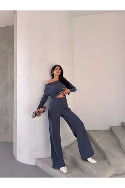 Xenthe Women's Bottom-Top Indigo One-Shoulder Open-Shoulder Pants-Bluz Suit