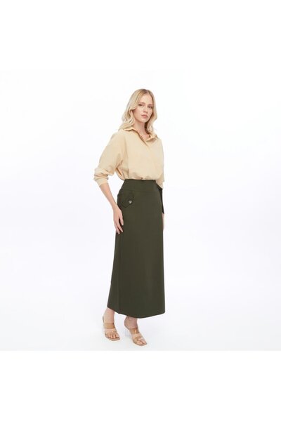 Apsen Collection Apsen Дамска хаки пола с детайл - джоб от поливискоза, модел...
