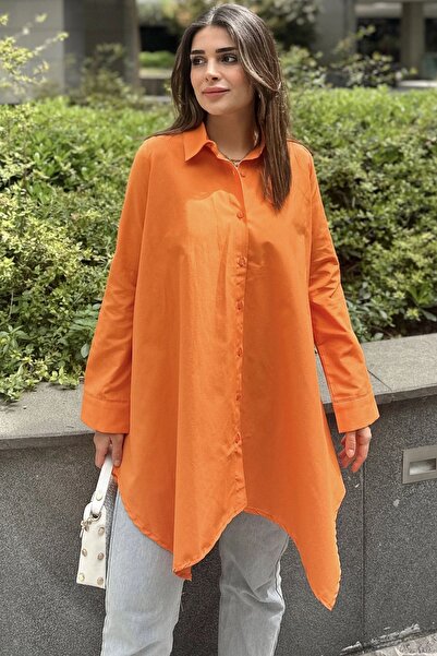 Juuuj Cămașă tunică largi din bumbac, cu mâneci lungi, cu croială asimetrică, portocalie
