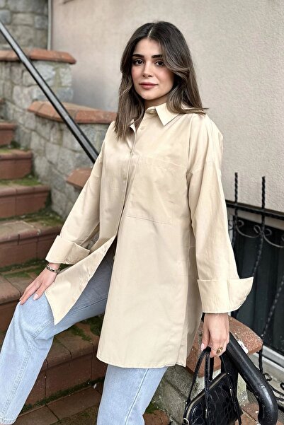 Juuuj Kadın bej Terikoton Kumaş, Yırtmaçlı, Rahat Uzun Gömlek