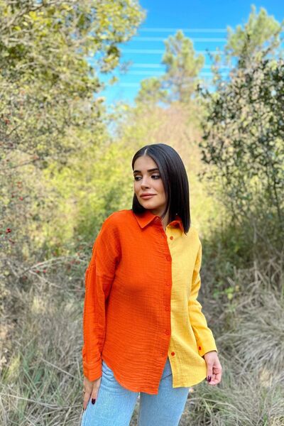 Juuuj Țesătură de muselină portocalie și galbenă pentru femei, bloc dublu, fustă ovală, mânecă lungă, cămașă cu croială normală