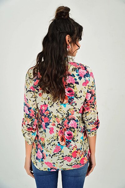 Juuuj Cămașă de damă cu mânecă lungă cu guler clasic ecru cu model floral