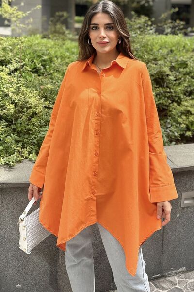 Juuuj Cămașă tunică largi din bumbac, cu mâneci lungi, cu croială asimetrică, portocalie