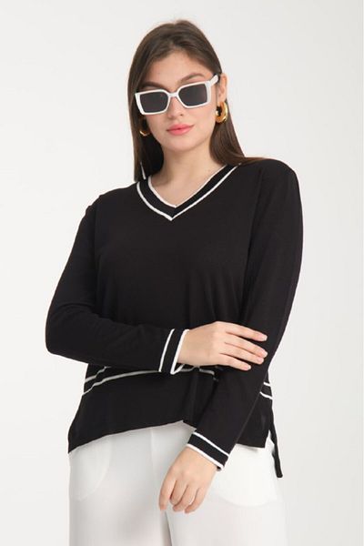Coşkun GİYİM Bluză de tricotaj Vortex Viscose cu decolteu în V pentru femei, neagră B7055