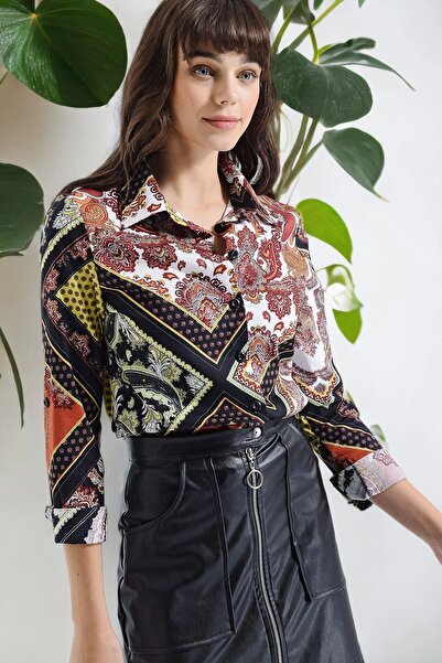 Juuuj Kadın Siyah Modern Tarz Desenli Uzun Kollu Gömlek