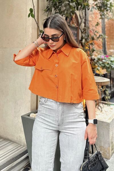 Juuuj Jumătate de mânecă portocalie pentru femei, buzunar și detaliu mâneci, țesătură Terikoton, cămașă crop