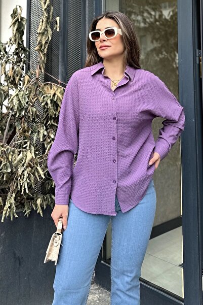 Juuuj Γυναικείο μωβ Basic Model, Seersucker Fabric, Casual πουκάμισο