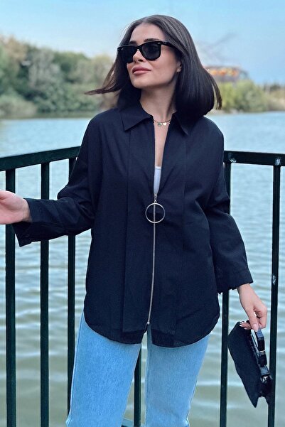 Juuuj Γυναικείο μαύρο μακρυμάνικο, λεπτομέρεια με φερμουάρ, οβάλ κοπή, φαρδύ ...