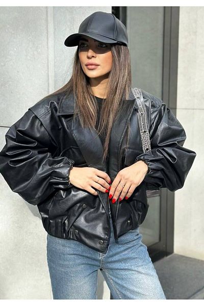 Natavanbutık Black Faux Leather Imported Coat