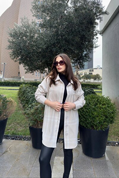 Juuuj Γυναικείο μπεζ διπλή τσέπη, καρό σχέδιο, άνετη εφαρμογή, μακρύ πουκάμισο με στάμπα