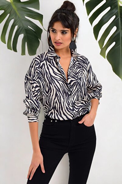 Juuuj Women's Patterned Classic Collar, Long Sleeve, Zebra Pattern, Regular Fit, Standard Length Shirt