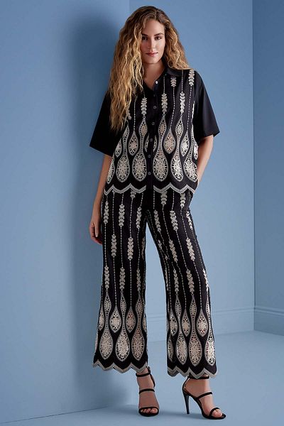 Guitar Wide Leg Black Brodered Trousers
