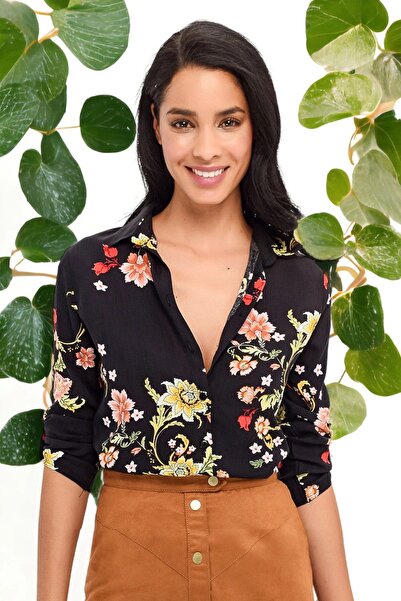 Juuuj Γυναικείο μαύρο λουλουδάτο μοτίβο κλασικό γιακά μακρυμάνικο πουκάμισο κ...