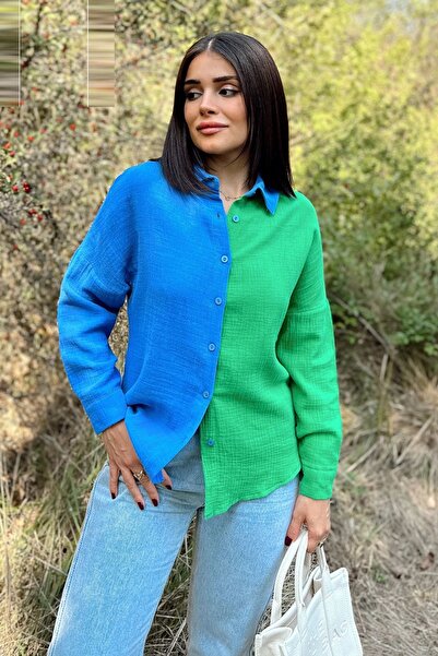 Juuuj Tesatura de muselina albastră și verde pentru femei, bloc dublu, fustă ...