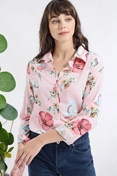 Juuuj Kadın Pembe Modern Tarz Çiçek Desenli Uzun Kollu Gömlek