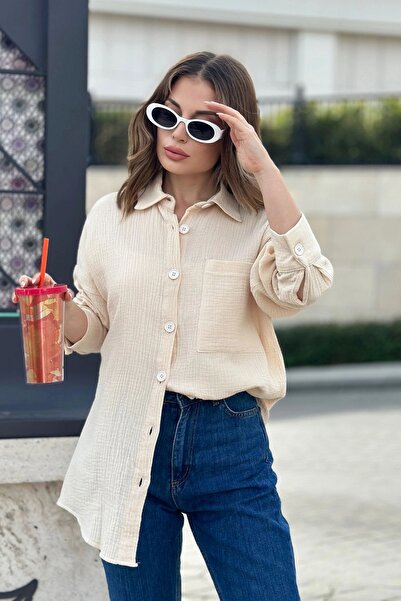 Juuuj Țesătură de muselină de import bej pentru femei, cămașă tunică lungă și...