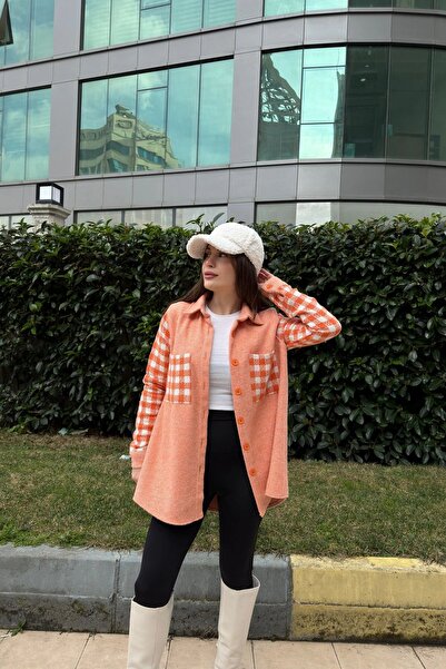 Juuuj Buzunar dublu portocaliu de damă, model în carouri, croială confortabilă, cămașă ștanțată