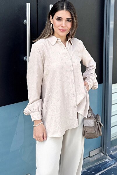 Juuuj Kadın Bej Dokulu Kumaş, Uzun, Balon Kollu, Rahat Kesim, Pamuklu Gömlek