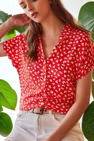 Juuuj Women's Red Short Sleeve Floral Patterned Regular Cut Standard Size Shirt