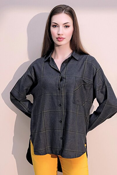 Juuuj Γυναικείο πουκάμισο με μακρυμάνικο καρό με απαλή υφή, ανθρακί & πράσινο