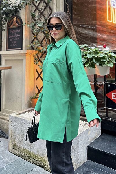 Juuuj Țesătură tericotone verde pentru femei, cu fantă, cămașă lungă conforta...