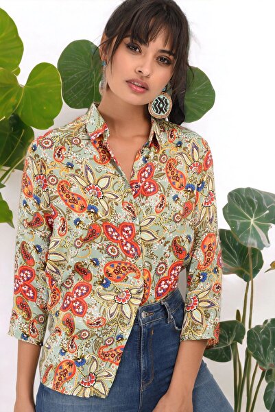 Juuuj Cămașă de damă kaki cu guler clasic cu mânecă lungă, multicoloră, cu mo...