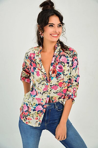 Juuuj Cămașă de damă cu mânecă lungă cu guler clasic ecru cu model floral