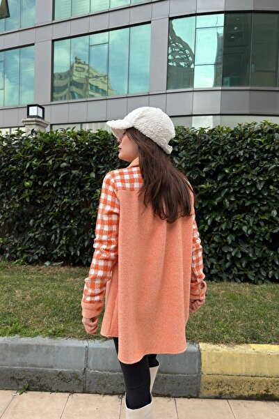 Juuuj Buzunar dublu portocaliu de damă, model în carouri, croială confortabilă, cămașă ștanțată