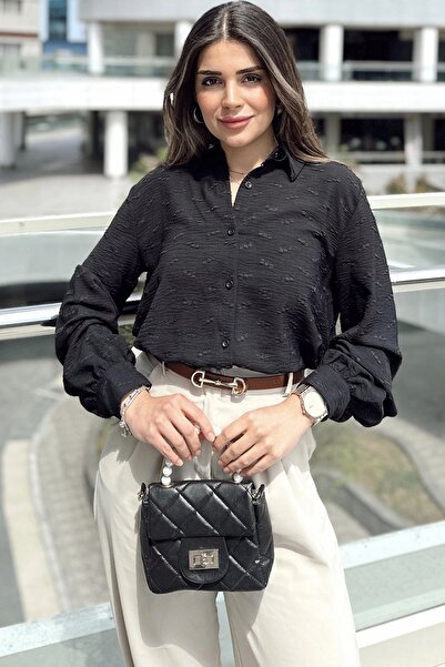 Juuuj Γυναικείο μαύρο υφασμάτινο πουκάμισο, μακρύ, μανίκια μπαλόνι, χαλαρή εφ...