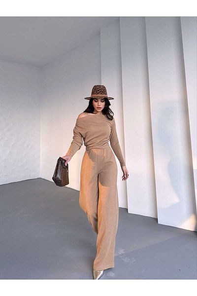 Xenthe Women's Bottom-Top Beige One-Shoulder Open-Shoulder Pants-Bluz Suit