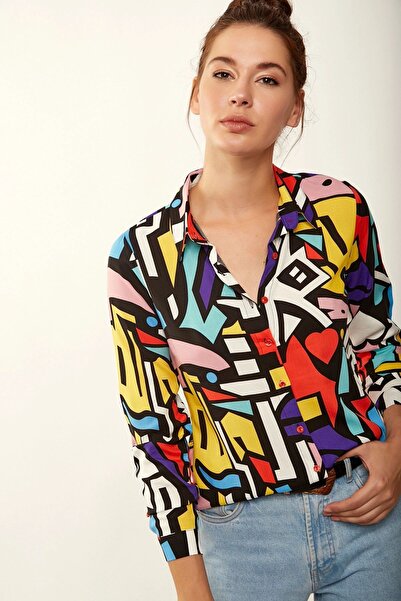 Juuuj Cămașă cu mânecă lungă, cu guler clasic, multicoloră, cu model geometric, lungime standard, cu potrivire normală