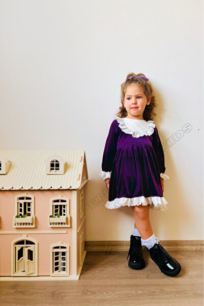 penu baby kids Mor Kadife Yaka Etek Ve Kol Ucu Dantelli Kız Çocuk Kız Bebek Elbise-LİA